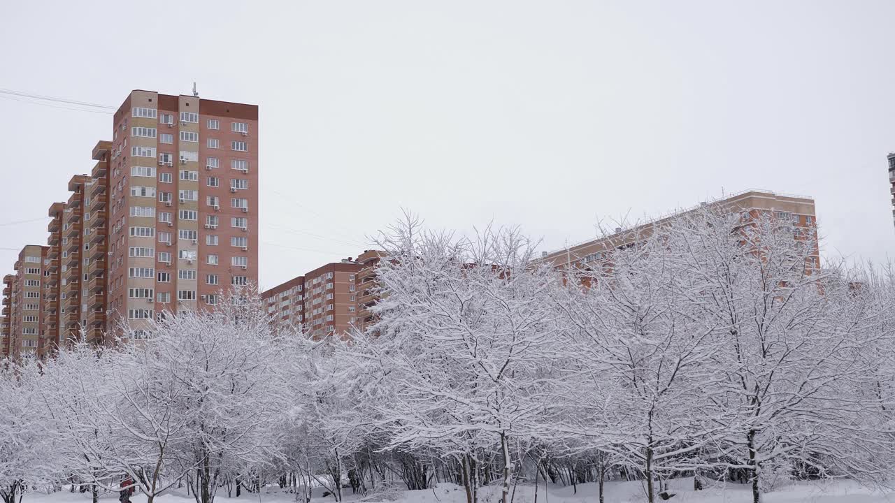 一个美丽的白雪覆盖的公园，靠近一个现代化的多层住宅区。视频素材