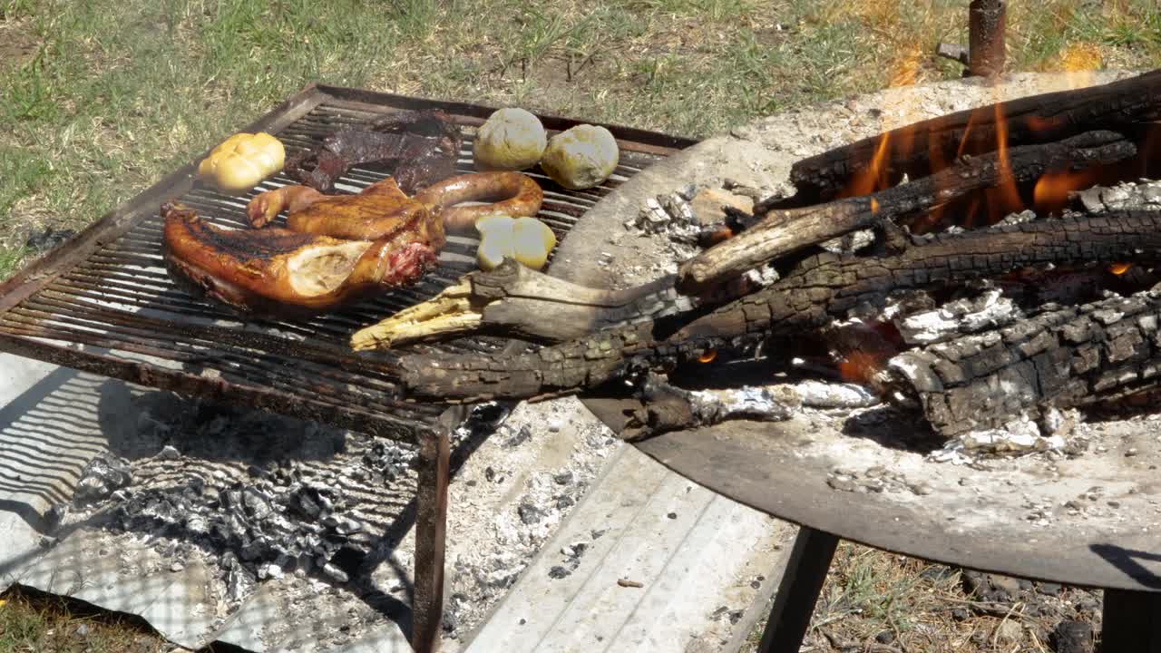 猪肉、牛肉、香肠和面包在花园里的烤架上烤着，而在前景中，你可以看到燃烧的原木。4 k视频下载