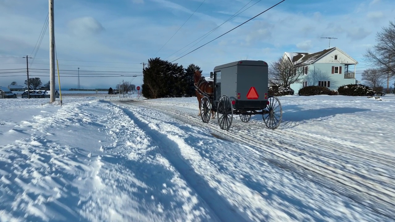 暴风雪过后，宾夕法尼亚州兰开斯特县积雪覆盖的道路上的阿米什马和马车。慢动作航拍跟踪镜头。视频素材