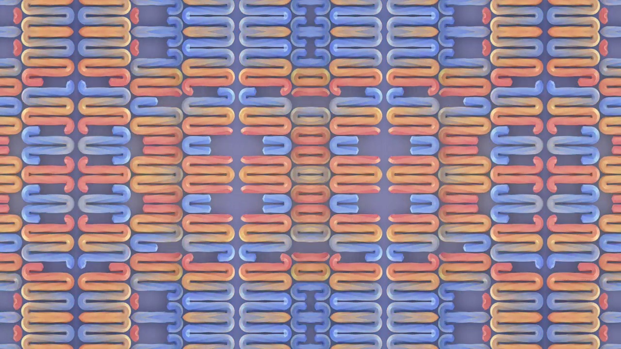 一种数字循环动画，具有一系列相互关联的图形的对称图案，类似于按网格模式排列的程式化链接。3d渲染4K视频素材