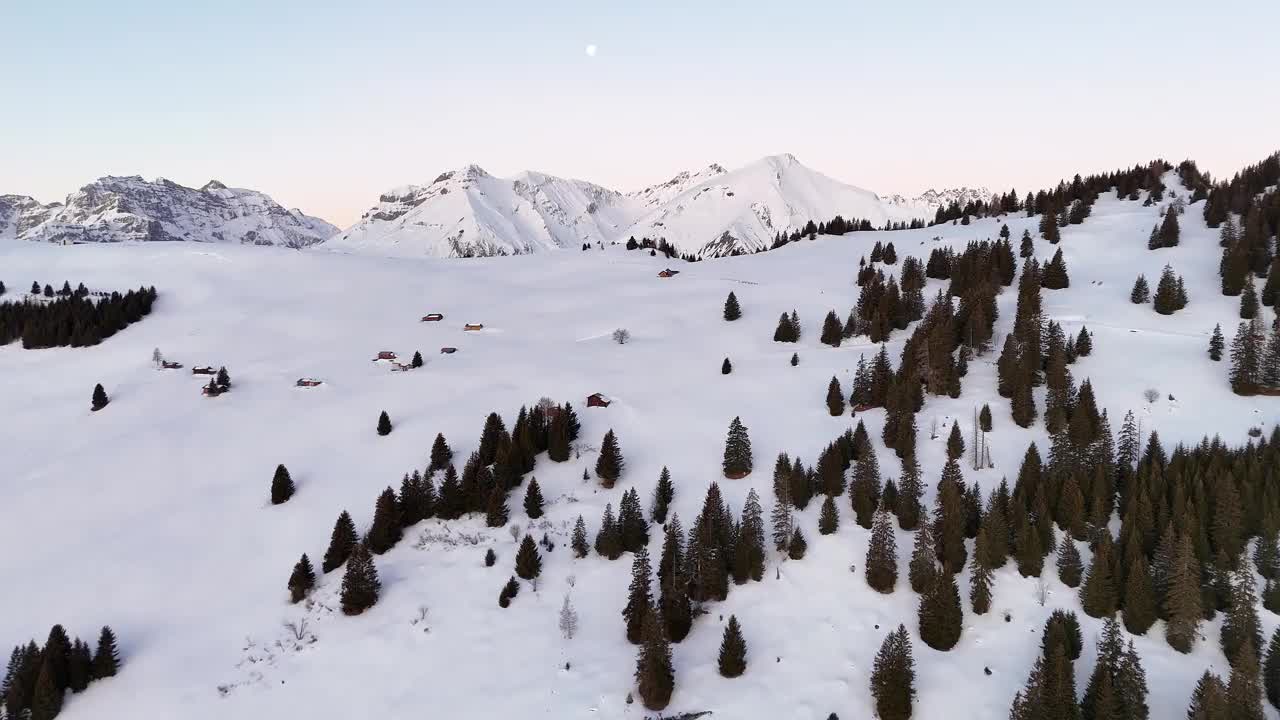 黄昏时鸟瞰白雪覆盖的山景，有常青树和孤立的小屋视频素材