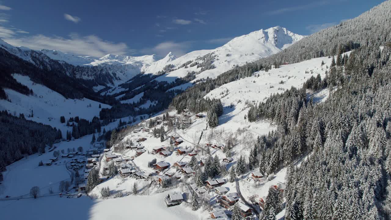 在奥地利萨尔巴赫-辛特格勒姆地区的Lengau山村上空，飞越白雪覆盖的房屋。视频素材