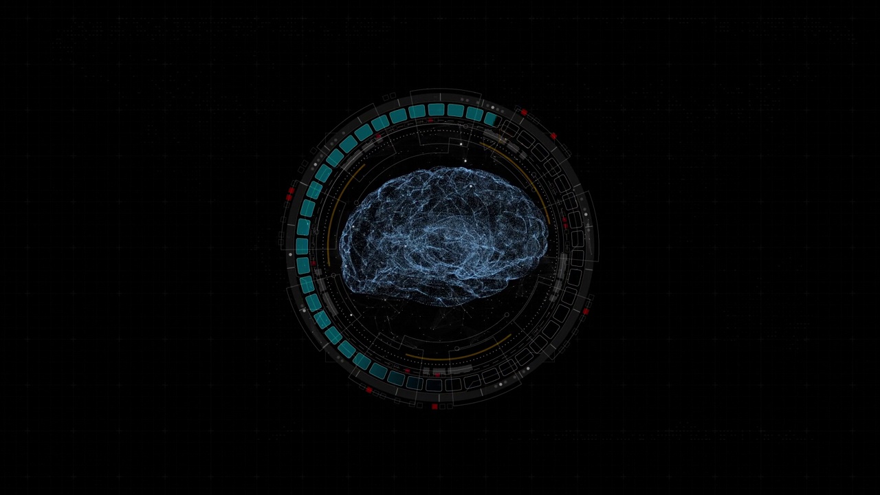 蓝色数字机器人大脑标志的动态图形和圆形未来主义HUD元素，Ai聊天机器人和机器学习技术以及Ai辅助概念在抽象背景上视频素材