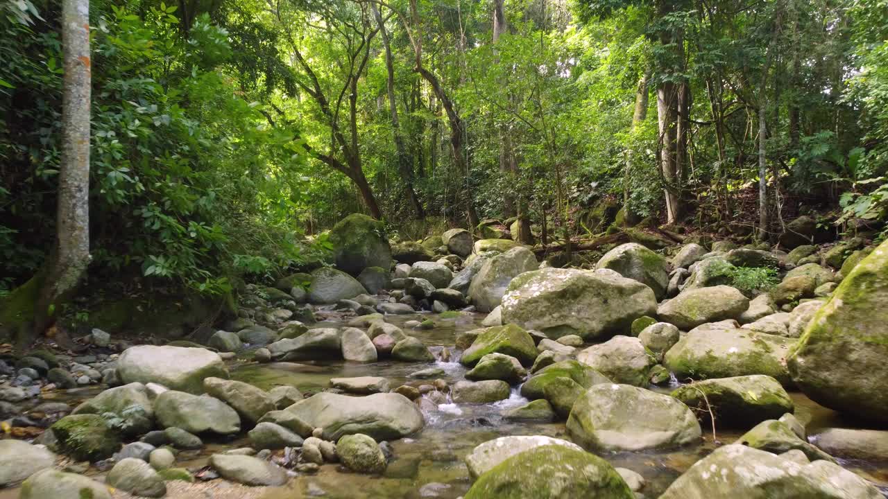 在哥伦比亚明卡的热带森林中，航拍摄影车在岩石河床上缓缓地细流视频素材