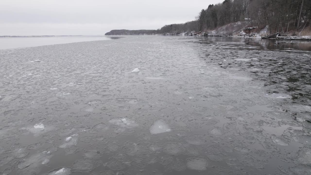 在湖面上有浮冰的冰面上后退。空中拍摄视频素材