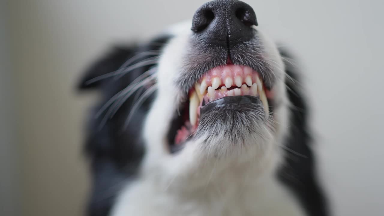 危险的愤怒的狗。好斗的小狗边境牧羊犬露出牙齿，看起来好斗危险。守护者咆哮的可怕的狗准备攻击。宠物感染了狂犬病。视频素材