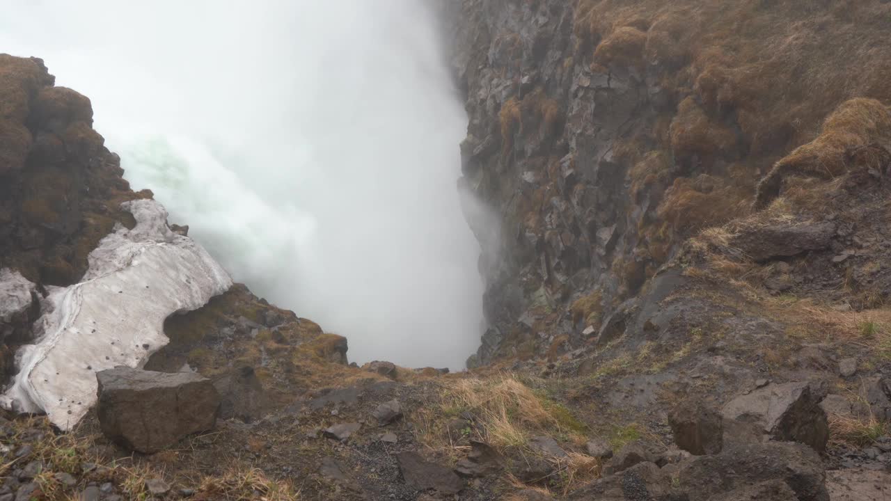 冰岛雾蒙蒙的地热区，蒸汽上升，岩石地形和残余的雪视频素材