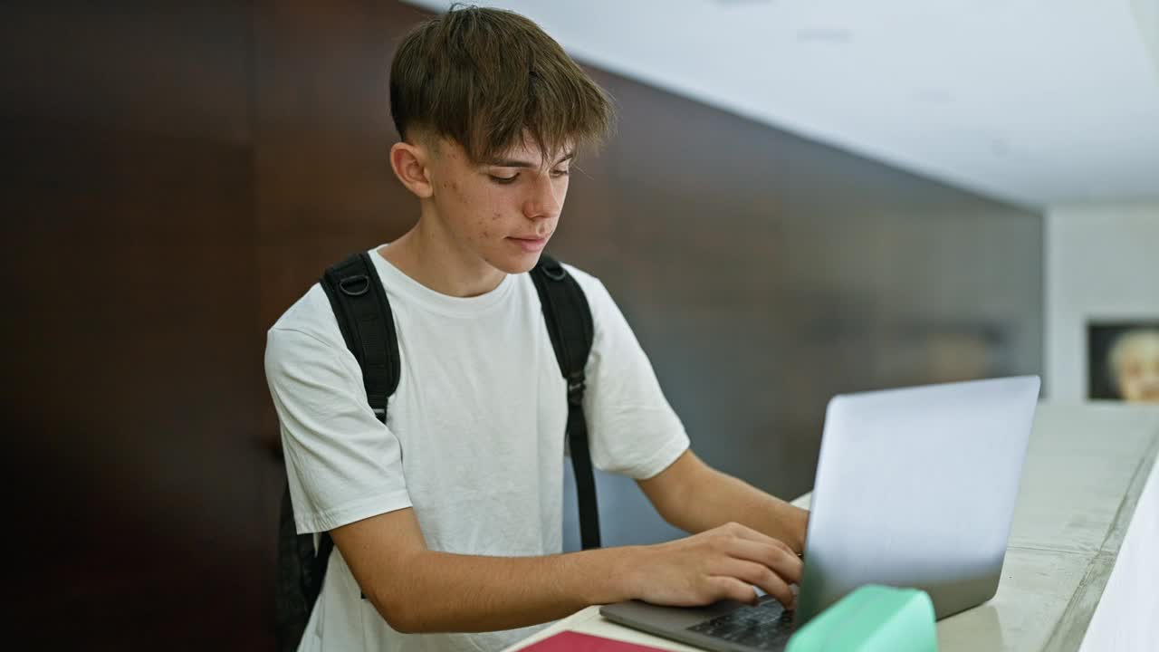 一个专注的年轻男学生带着背包在图书馆用他的笔记本电脑学习。视频素材