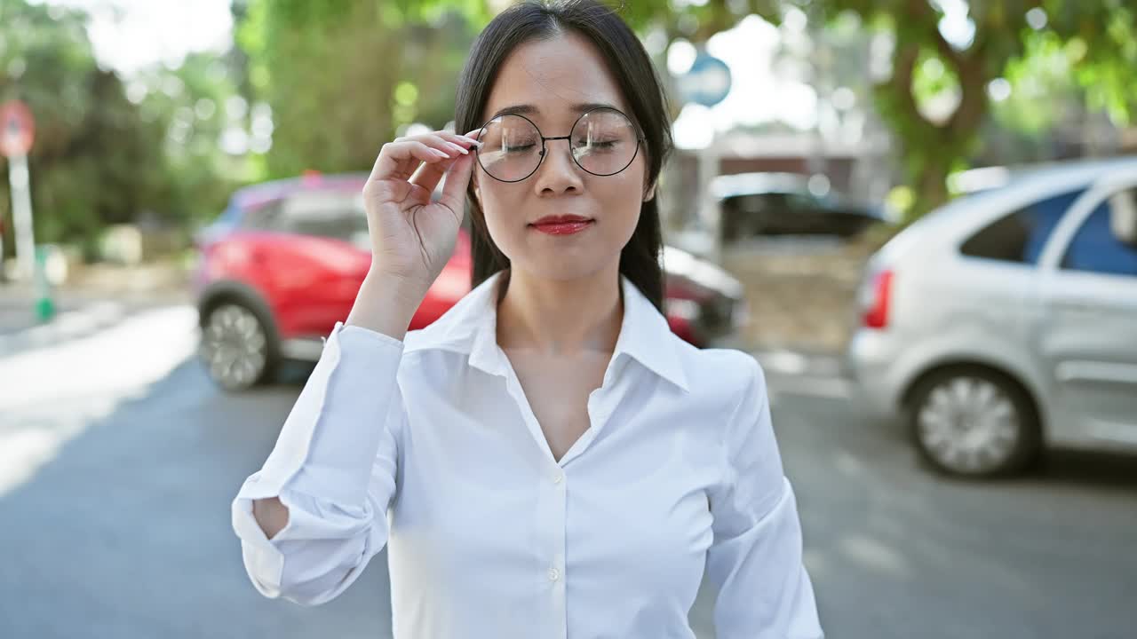 戴着眼镜微笑的年轻亚洲女子站在城市街道上，若有所思地抚摸着自己的下巴。视频素材