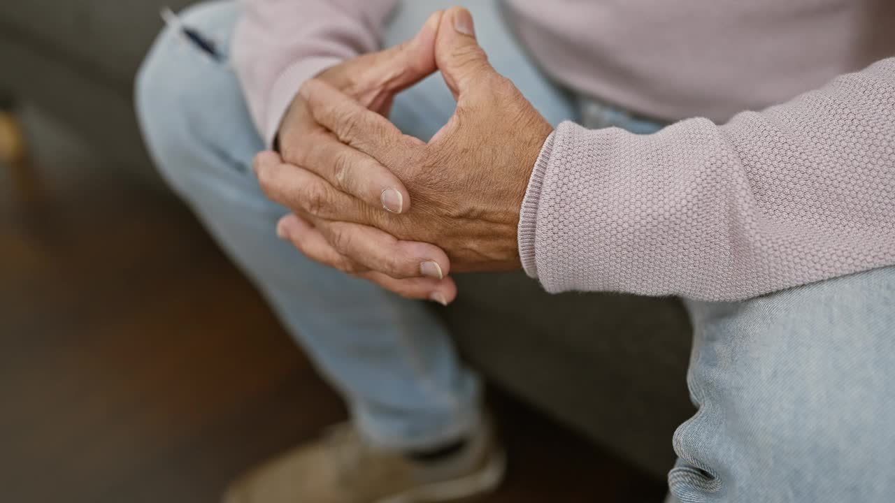 一位头发花白、戴着眼镜的中年男子在现代的客厅里微笑着，表现出居家休闲的样子。视频素材