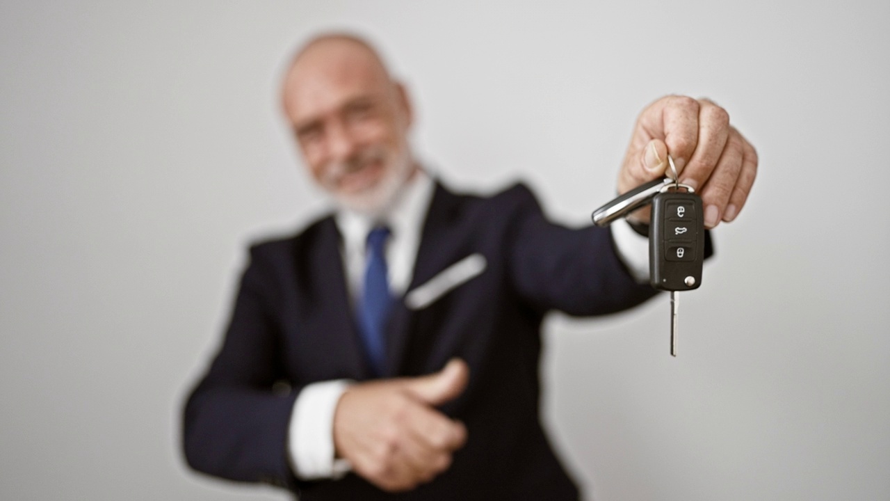 A mature businessman with a beard presents a car key against a white background, showcasing leasing or ownership concepts.视频素材