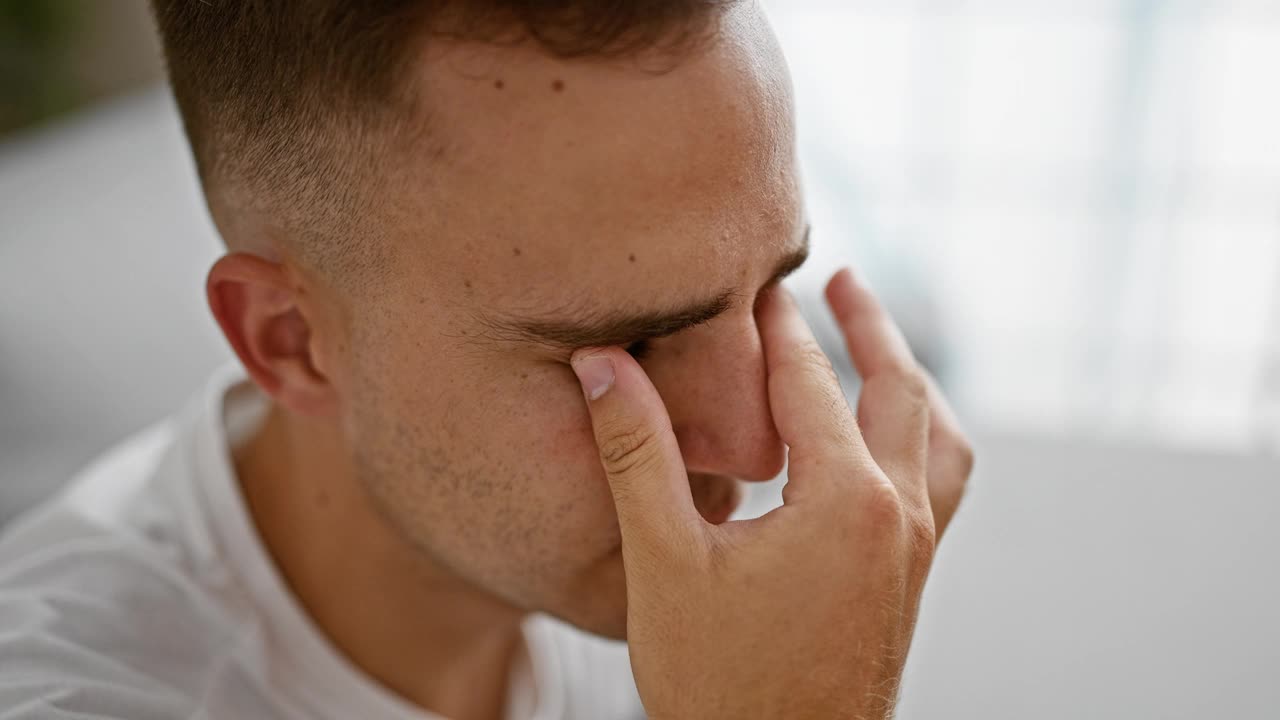 一个沉思的年轻人在室内捏着鼻梁沉思。视频素材