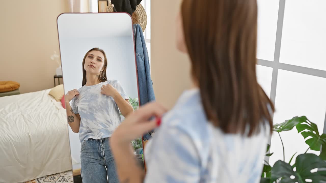 年轻的黑发女子穿着休闲的衣服在她舒适的卧室里摆姿势，反映出她的自信和风格。视频素材