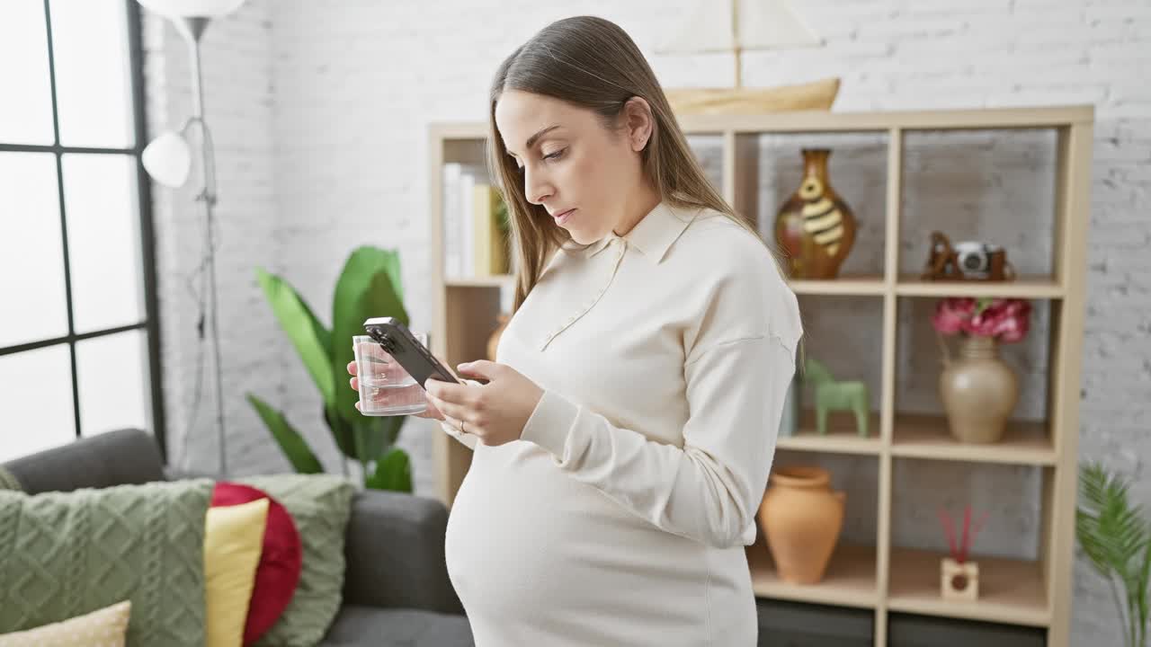 一位怀孕的西班牙妇女在现代客厅里一边喝水一边浏览她的智能手机。视频素材