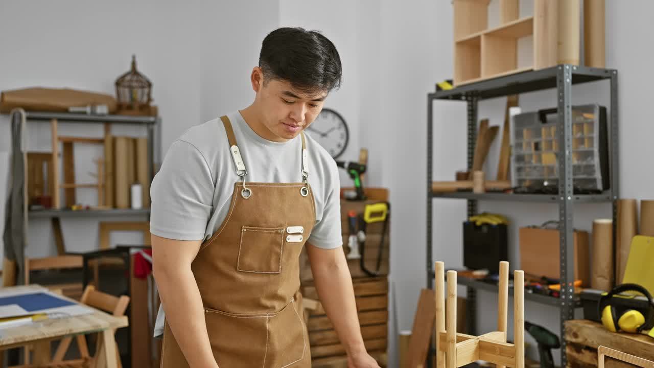 穿着围裙的亚洲男子在明亮的木工工作室车间里检查木制框架视频素材