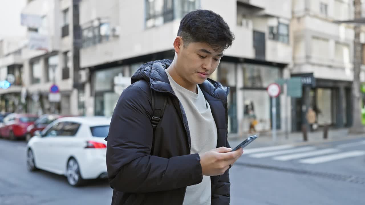 穿着休闲装的帅气亚洲男子一边走在城市街道上一边用智能手机聊天。视频素材