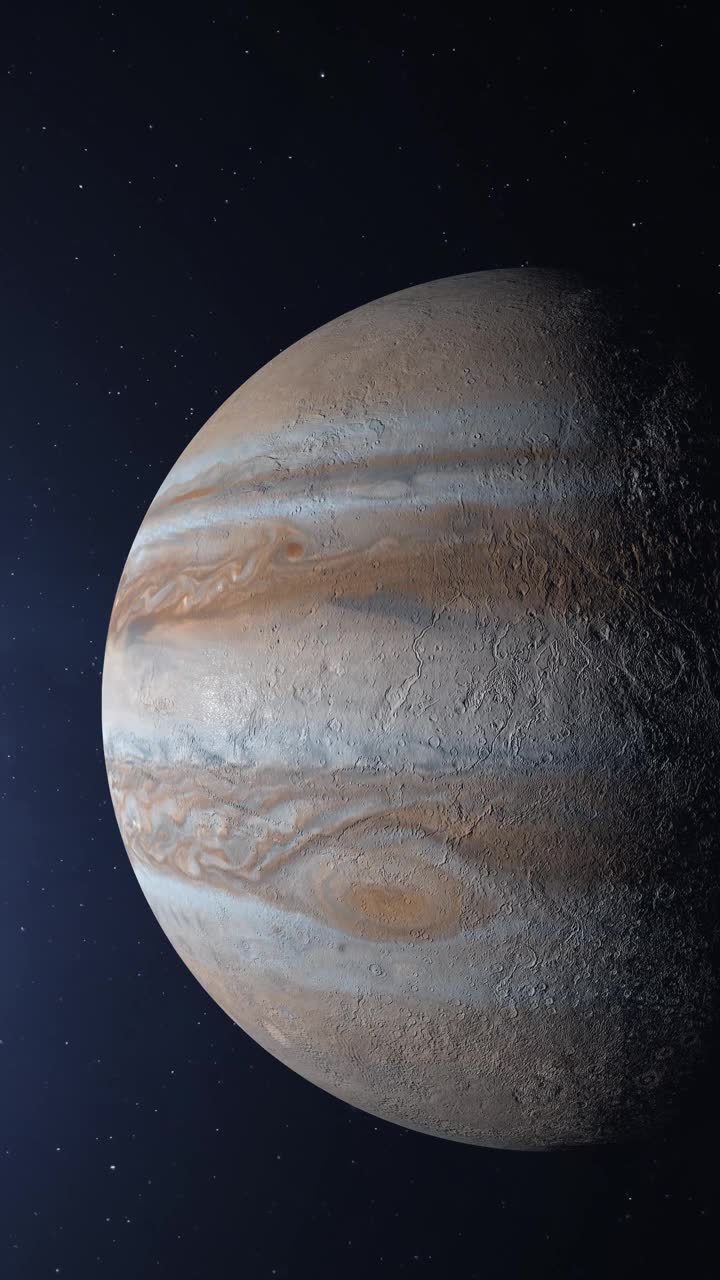 放大木星。木星行星的全球视图。木星地球仪在群星之间。4K垂直视频。视频下载