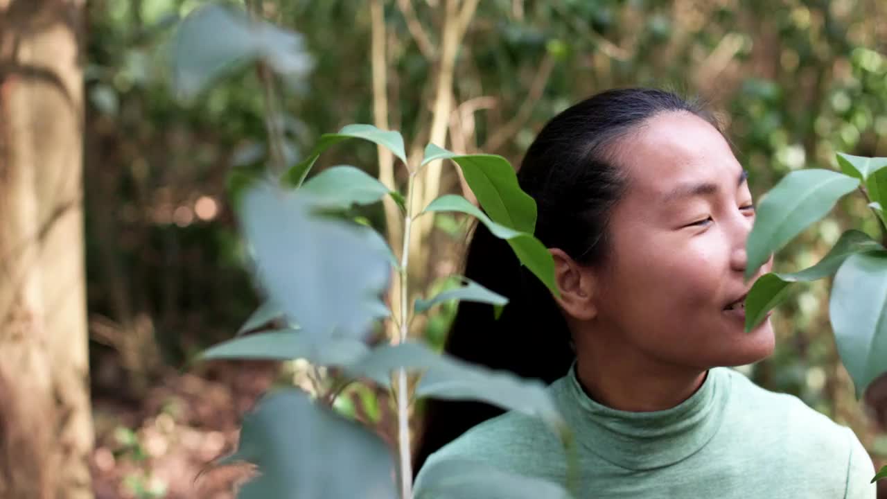 特写:妇女与森林植物在自然散步视频素材