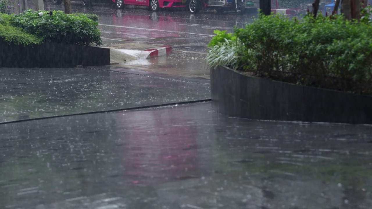 雨落在人行道上视频素材