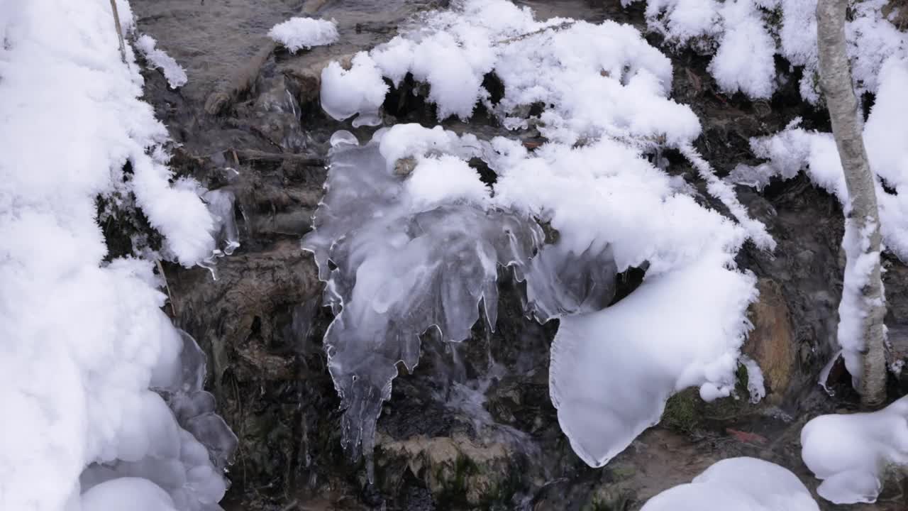 春天的水在冬天流过白雪皑皑的公园视频素材