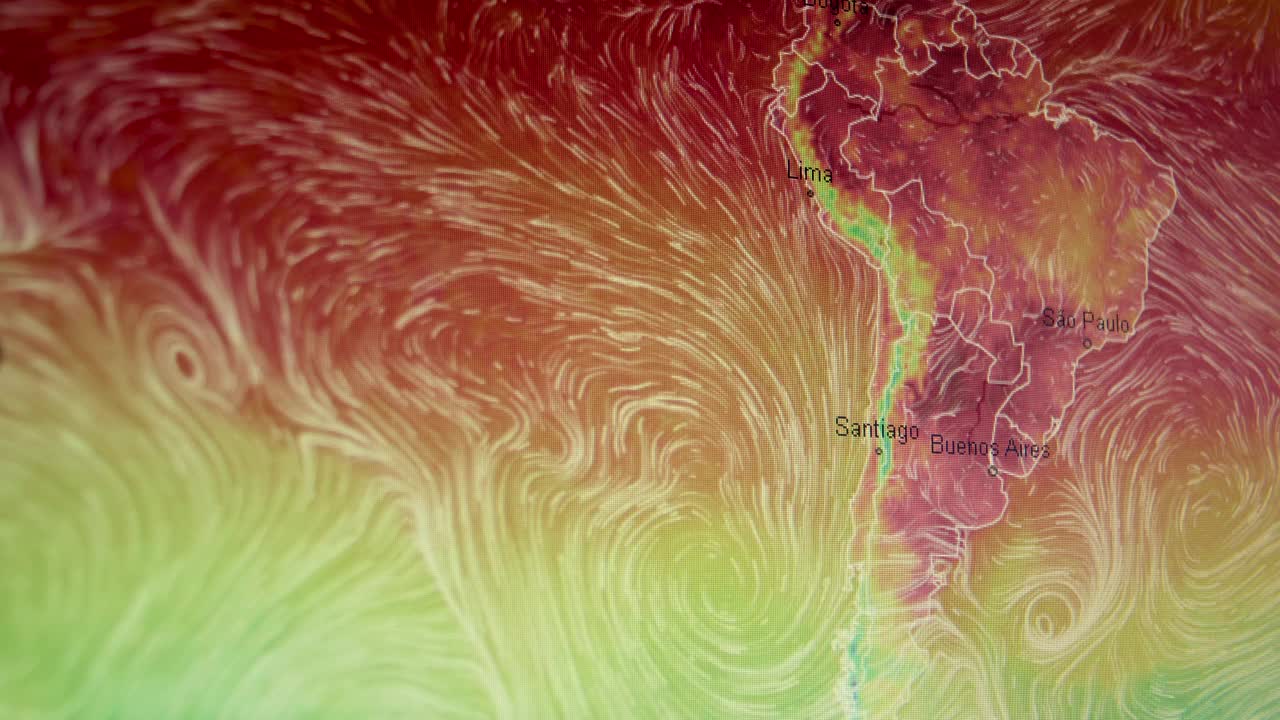 南美洲、巴西、南大西洋的气温都在上升。电脑屏幕显示器的照片。像素清晰可见视频素材