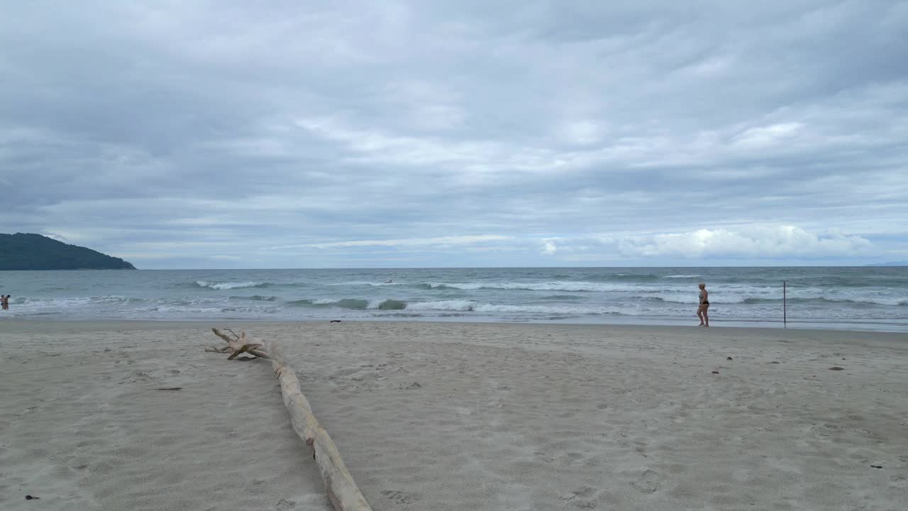 无人机航拍的热带海滩，海岸有波浪，树木，石头视频下载