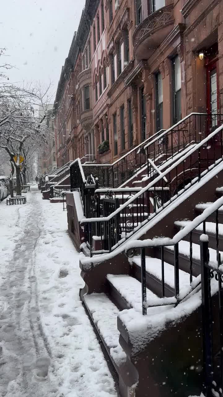 雪中漫步在哈莱姆区一条两旁是褐石的街道上视频下载