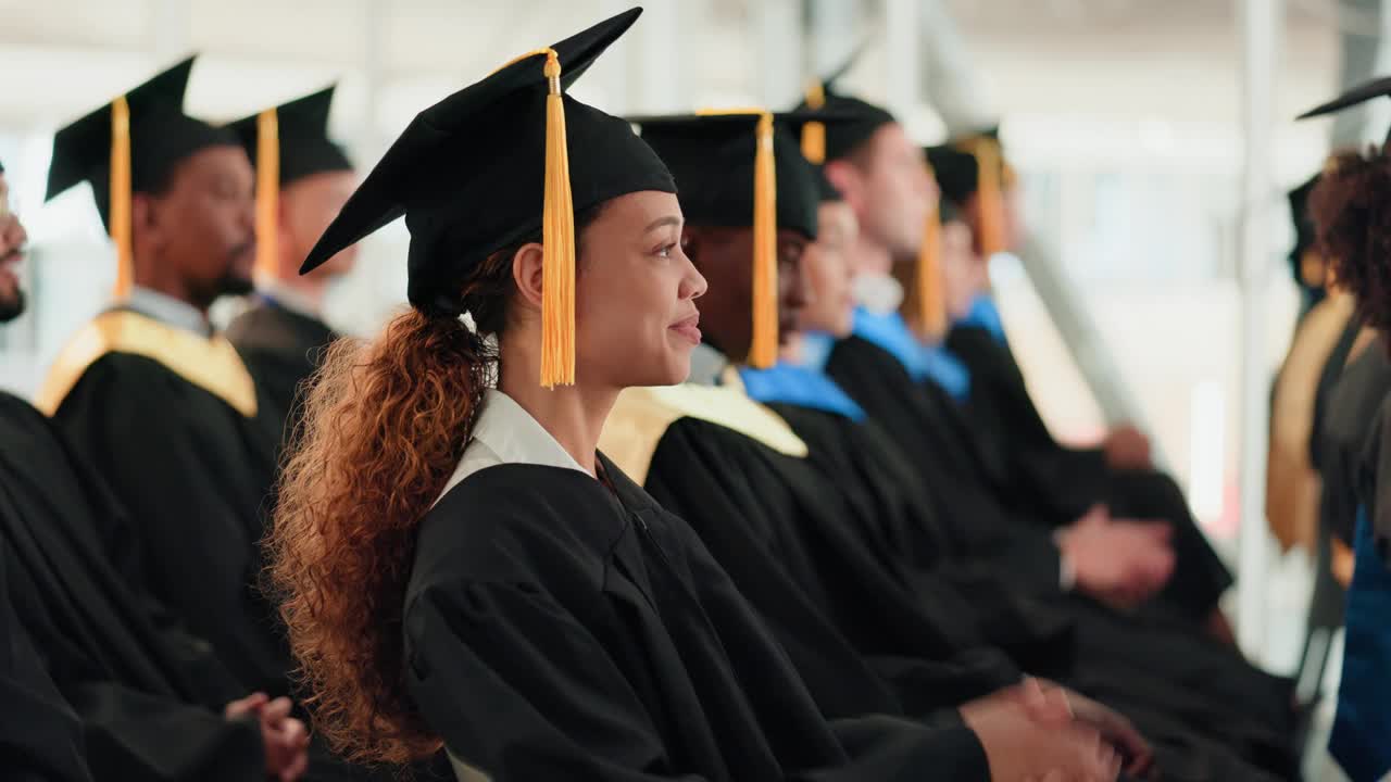 大学、毕业生，在学业前途、成就或知识的庆祝仪式上鼓掌。在大学学院里，有男有女，有多样性，有长袍支持，有学位或证书视频素材