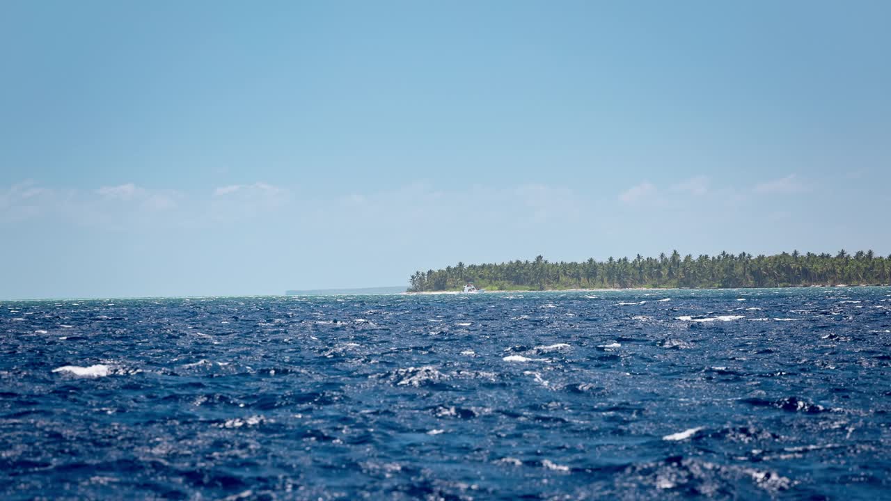 狂野的岛屿海滩岸边有异国情调的棕榈树丛林和美丽的加勒比海平静的涟漪水，度假在多米尼加共和国视频素材