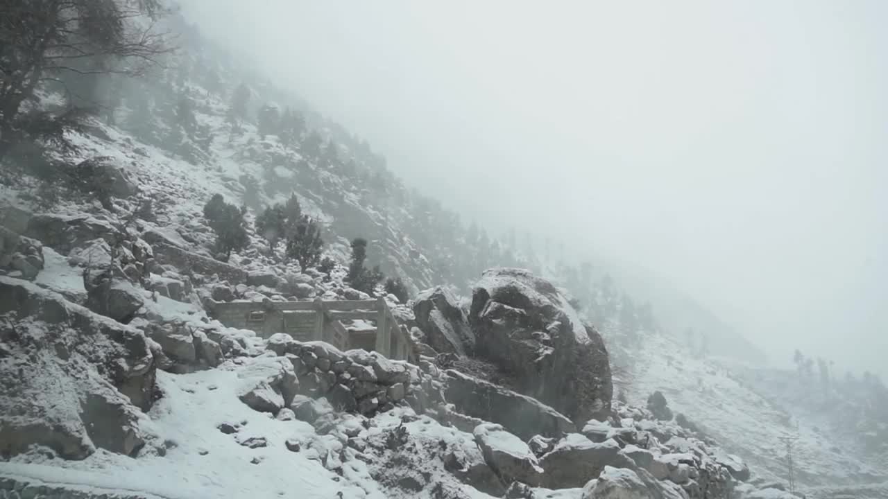 山区冬季场景中的降雪视频素材