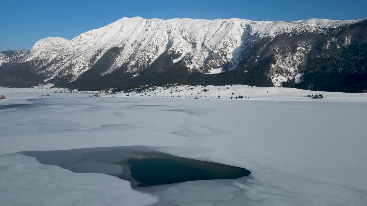 波斯尼亚和黑塞哥维那冰川湖Blidinje的鸟瞰图。冰封的湖泊，背景是白雪覆盖的山脉。视频下载