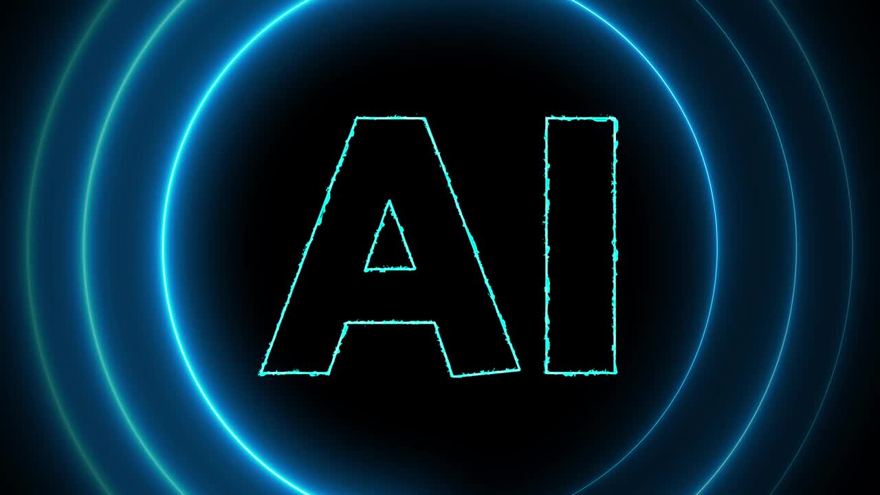 “AI”字样的霓虹灯在黑暗的背景上发出蓝色的光芒。视频素材