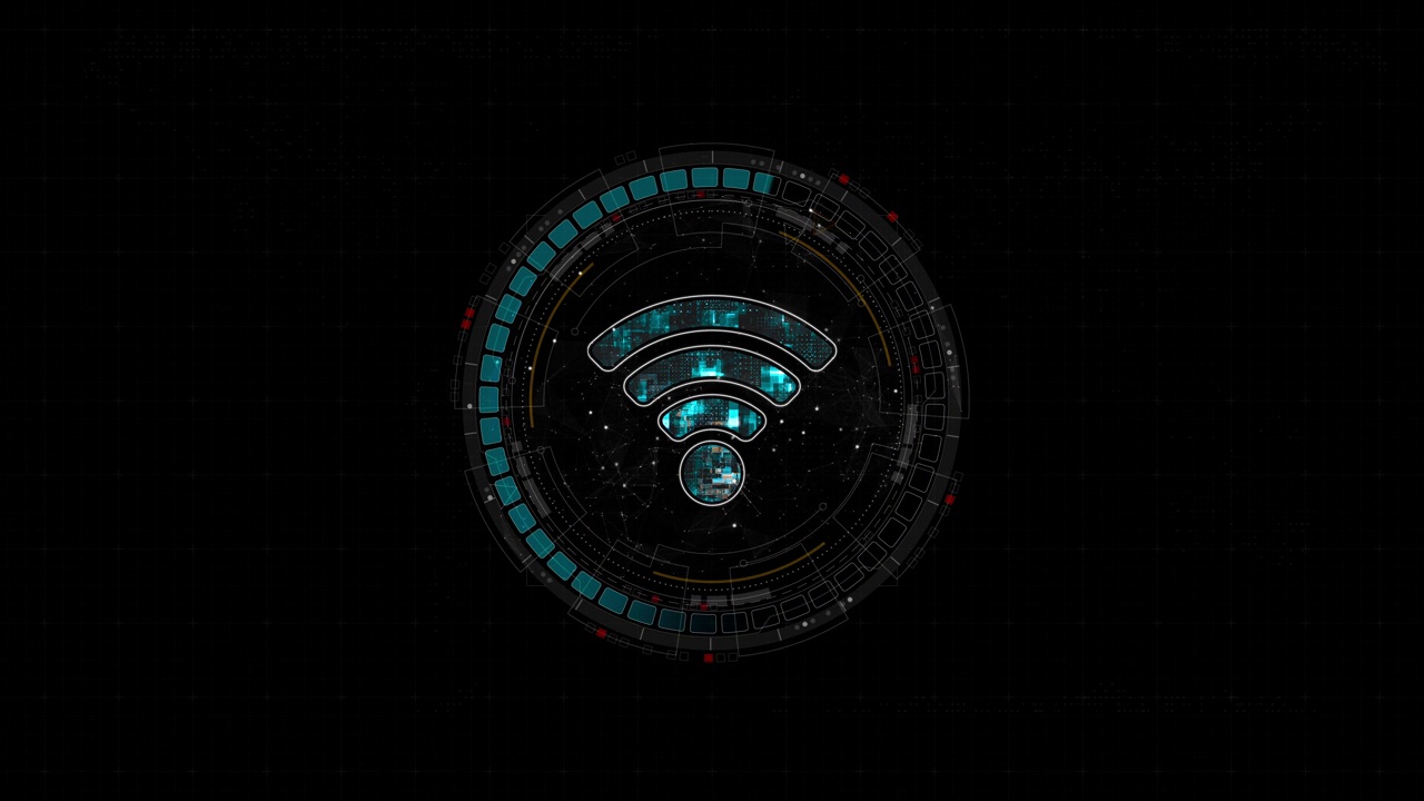 蓝色数字WIFI标志和圆形未来主义HUD元素的动态图形，在抽象背景上具有数据传输和无线保真连接概念视频素材