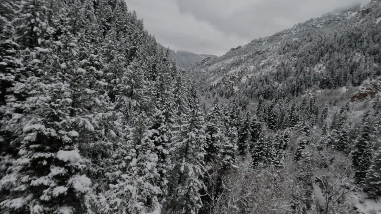 FPV无人机飞越美丽的冬季山景视频素材