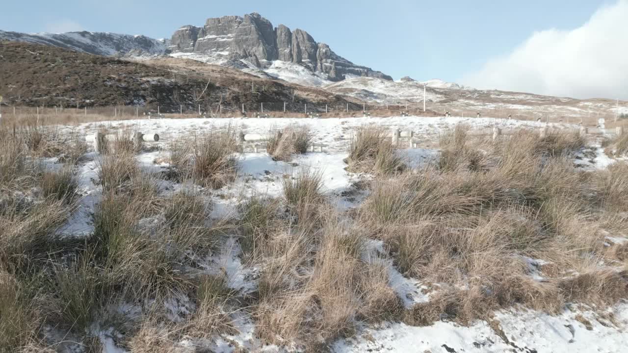 在晴朗的天空下，苏格兰的斯凯岛，白雪覆盖的景观和标志性的斯托尔老人岩层视频素材