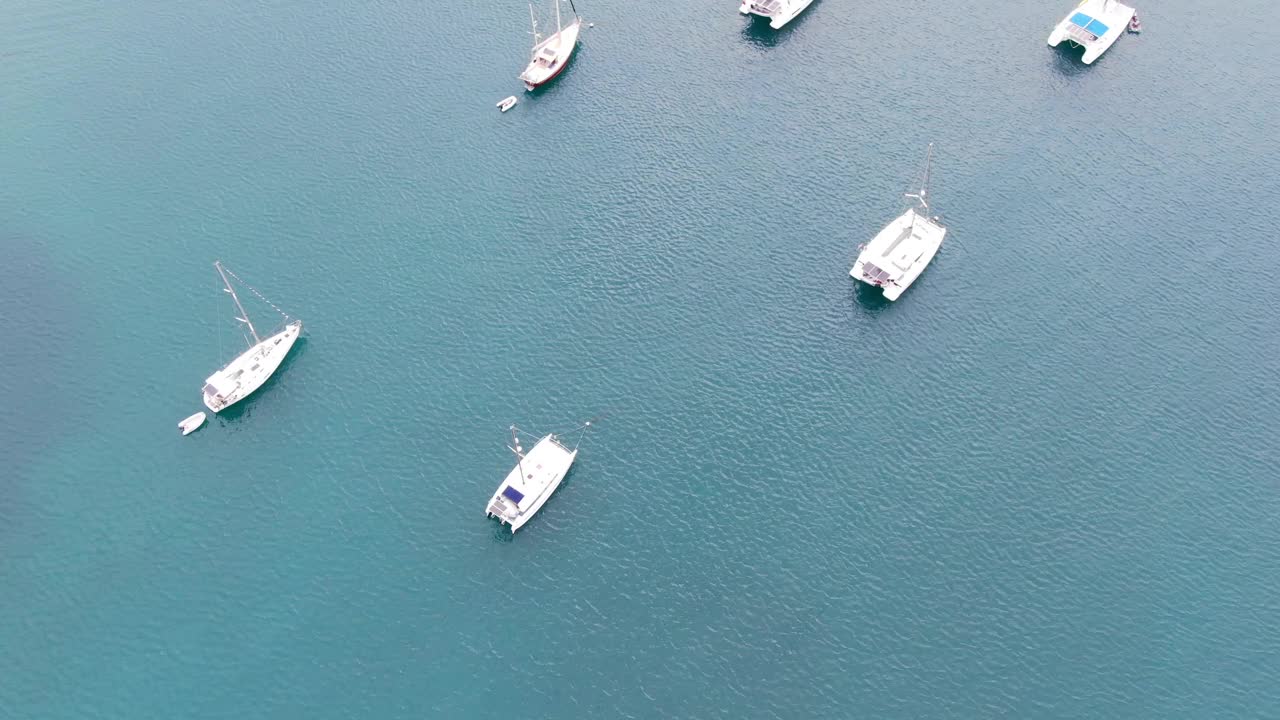 游艇停泊在宁静的pickly海湾码头，格林纳达，周围郁郁葱葱，鸟瞰图视频素材