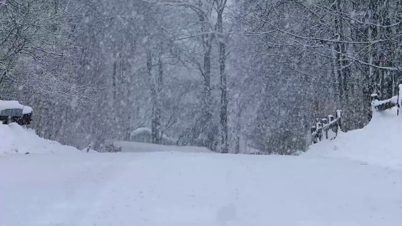 大雪期间，雪落在乡村道路上视频下载