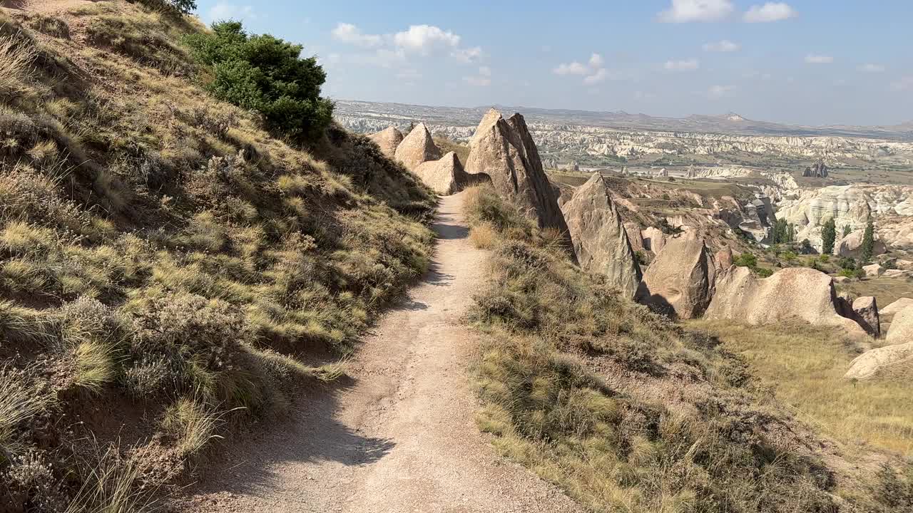 POV稳定可以拍摄徒步旅行路线的景观覆盖着大石柱，其中一些有开口雕刻成他们。视频下载