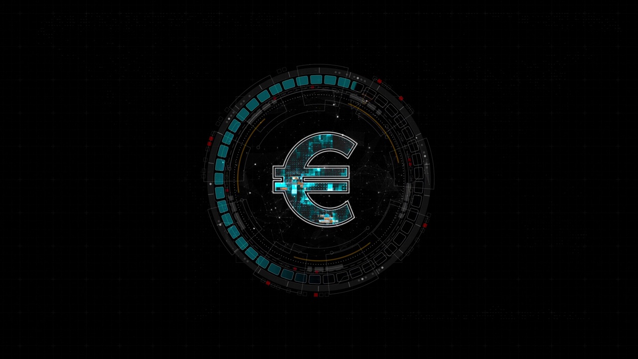 动态图形的蓝色数字货币标志与旋转HUD UI圆形技术界面和未来主义元素抽象背景加密货币金融和数字货币的概念视频素材