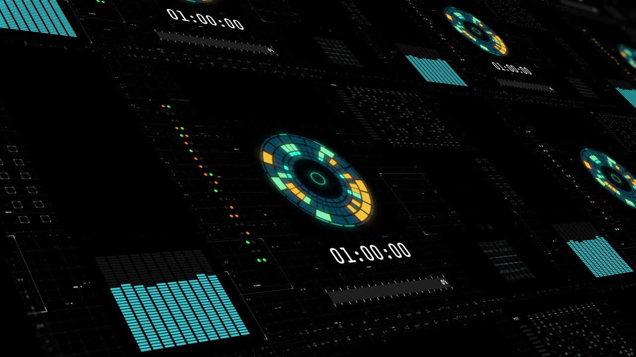 Hud -图形用户界面，科技圈运动图形风格的绿色，霓虹蓝色和白色在黑暗的背景与其他高科技元素。技术和未来概念。视频下载