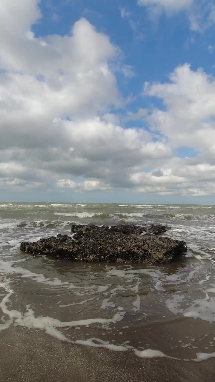 轻柔的海浪撞击着布满软体动物的岩石视频下载