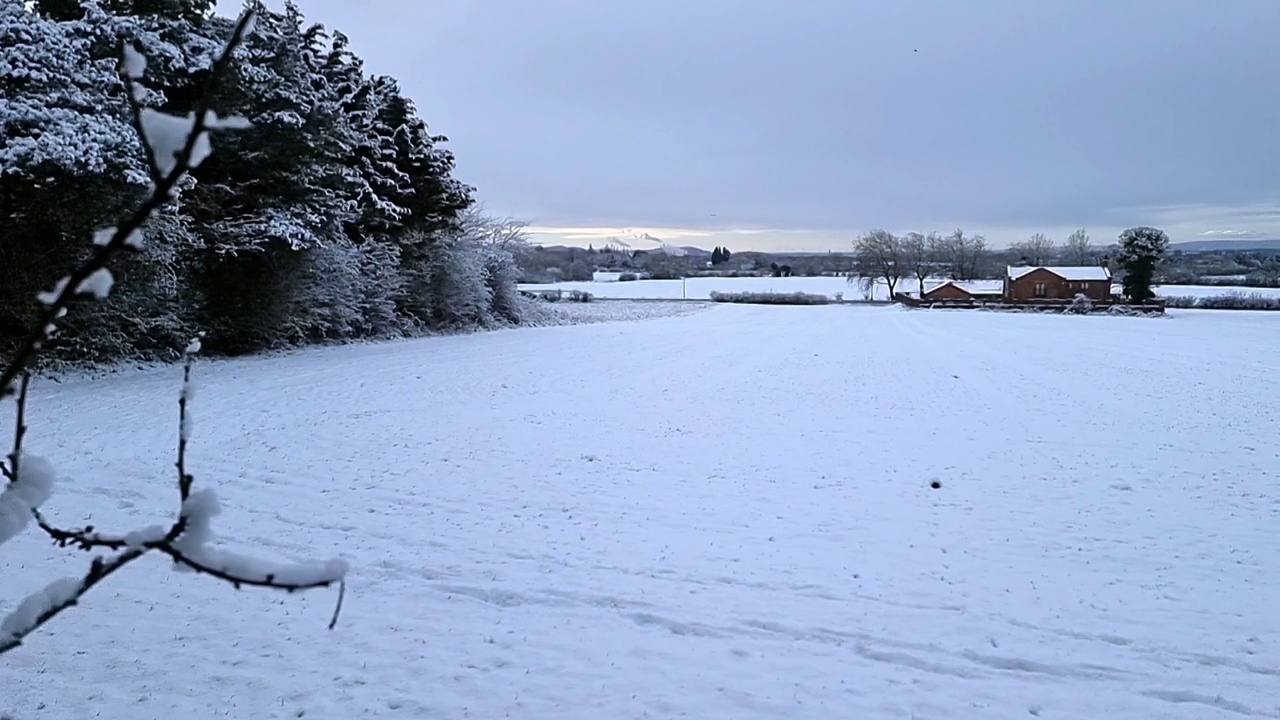 淘金穿过白雪覆盖的农田和英国乡村清晨的乡村景观视频素材