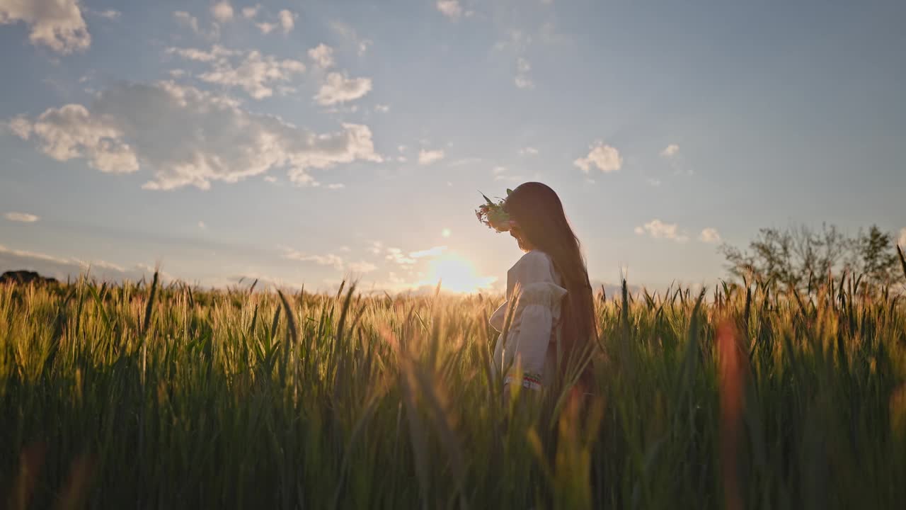 日落的麦田和农妇保加利亚女孩穿着民族民俗服装，在草地上用保加利亚刺绣工作的保加利亚大自然的4K视频视频素材