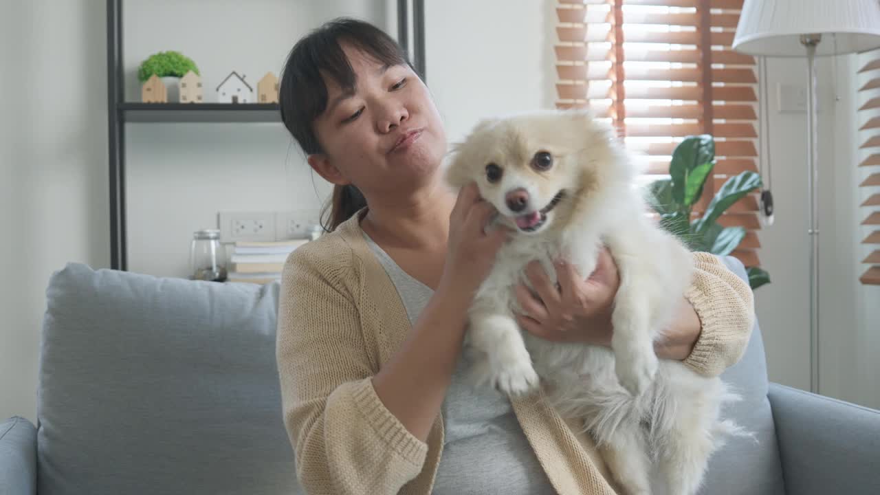 一个亚洲女人在客厅和她的狗玩耍视频素材