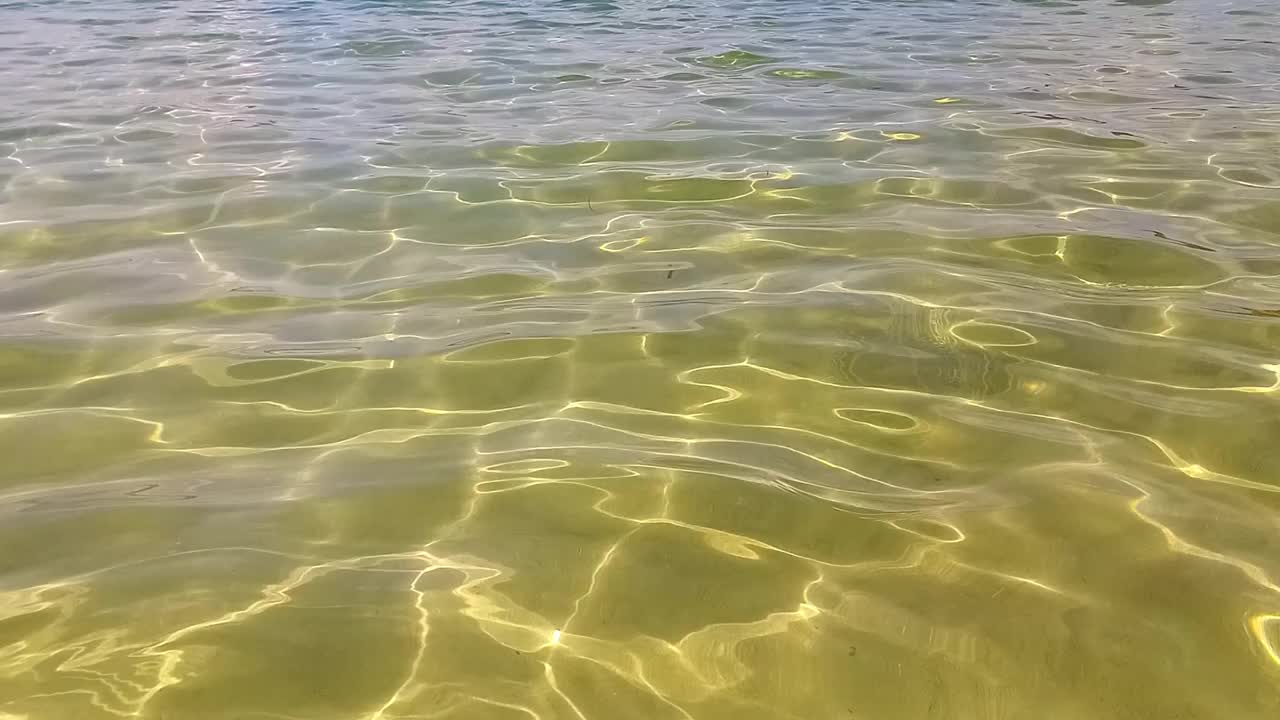 海底浅水。海浪冲向沙滩。通过清澈、干净的海水可以看到黄沙。阳光耀眼地照在水面上。抽象的自然背景视频下载