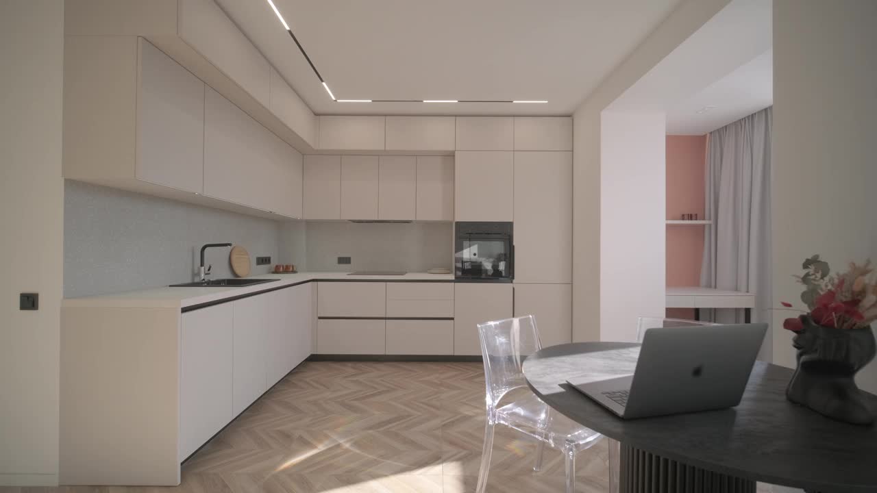 现代厨房室内设计。厨房台面早餐室的时尚内饰视频素材