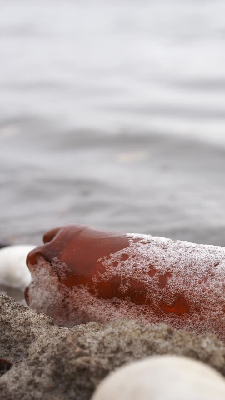 环境污染的概念。一个塑料瓶在湖边。垂直视频，特写视频下载