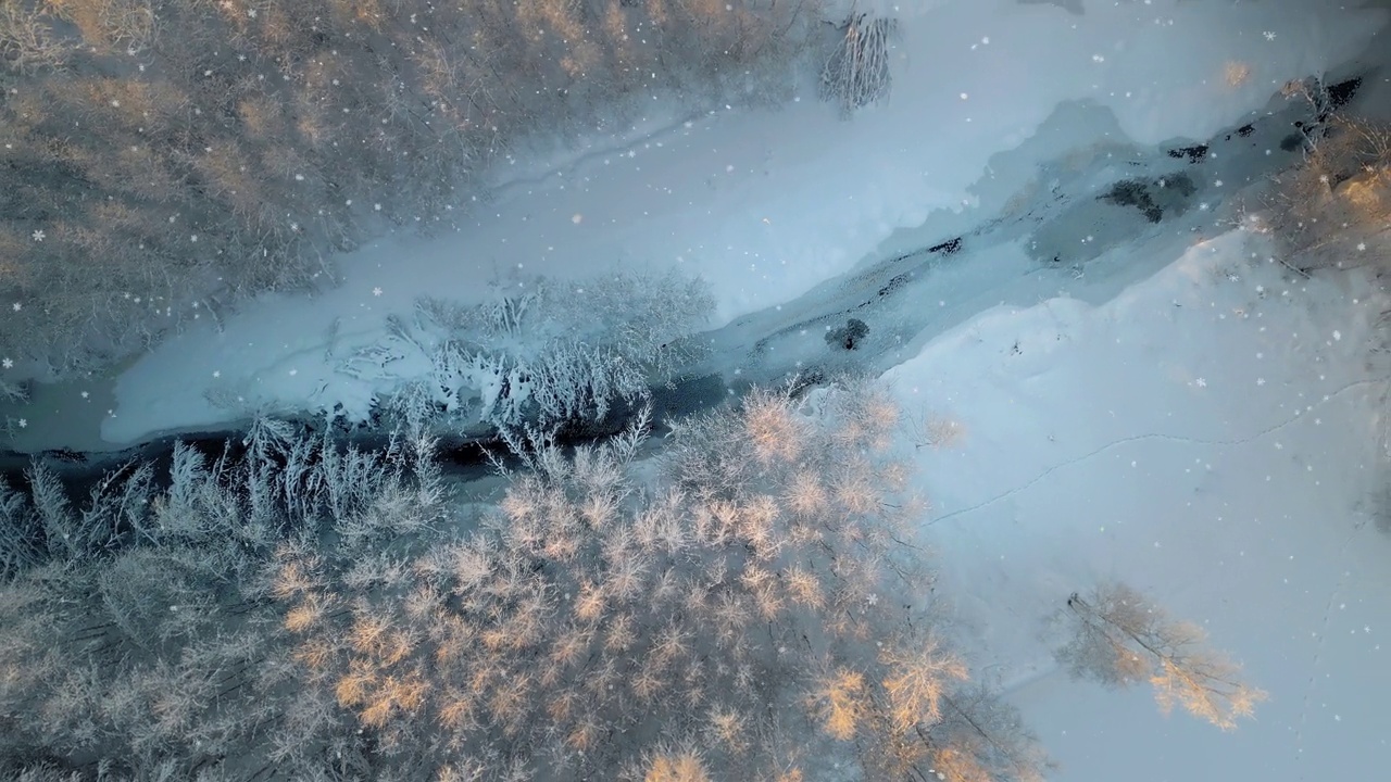 黄昏的雪景，河流穿过结霜的树木，鸟瞰图，复制空间标题视频素材