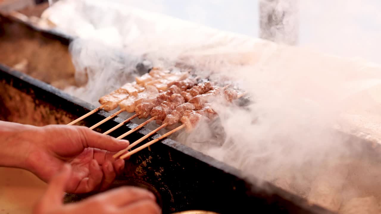 在木炭上烤串肉视频素材