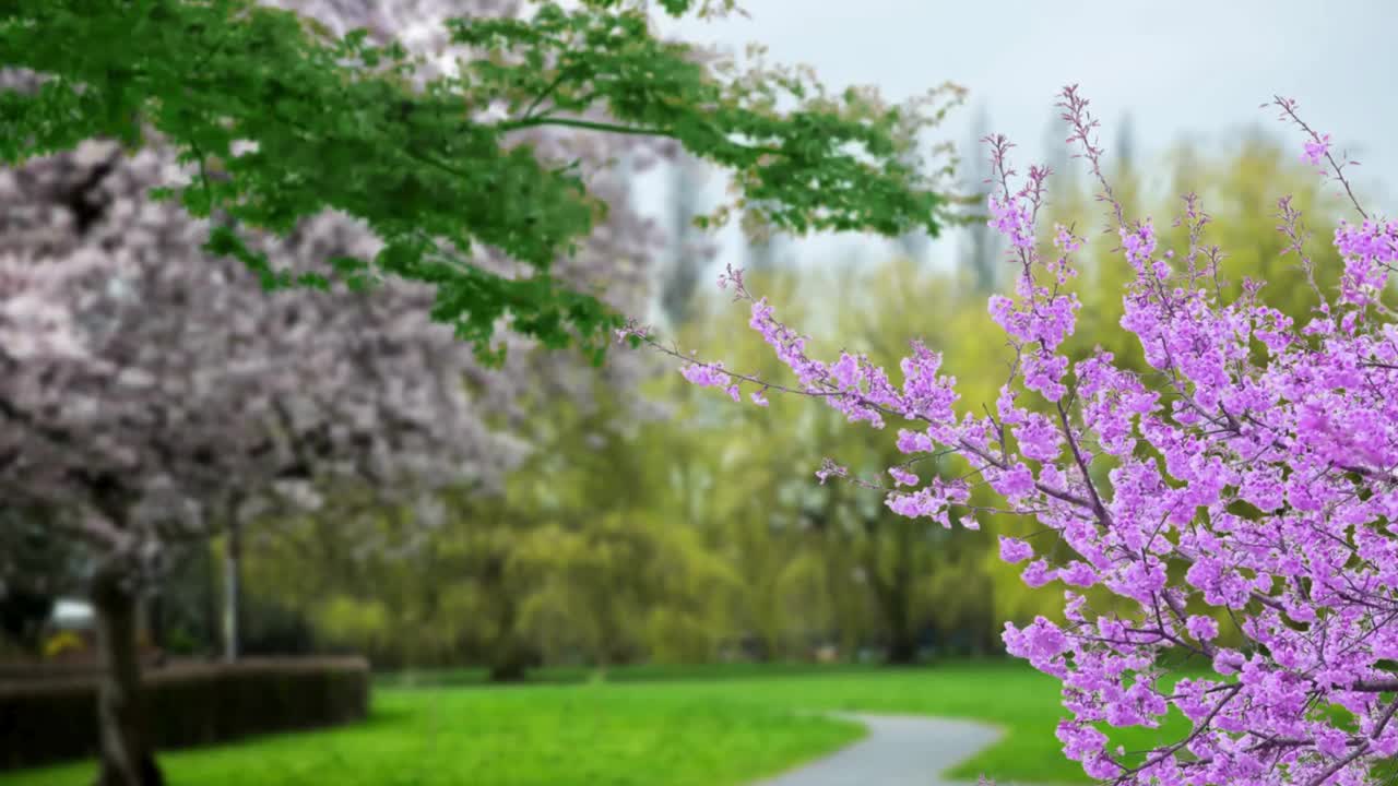 春天的景色，粉红色的宇宙花在前景和绿色的草地为背景。粉红色的宇宙在风中摇曳。粉红色的花。春天的季节到来，蝴蝶飞过宇宙。视频下载